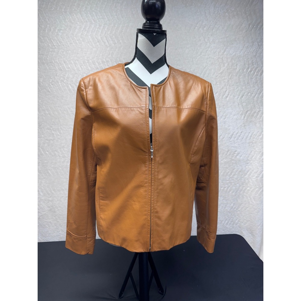 Apostrophe Womens Cognac Tan Genuine Leather Zip Up Collarless Jacket Size 16